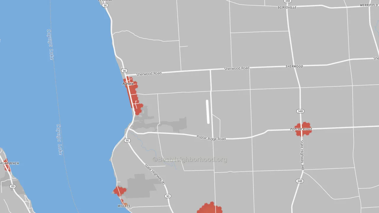 Walk Grade map of Aurora, NY, walkable areas in green and car-dependent areas in red