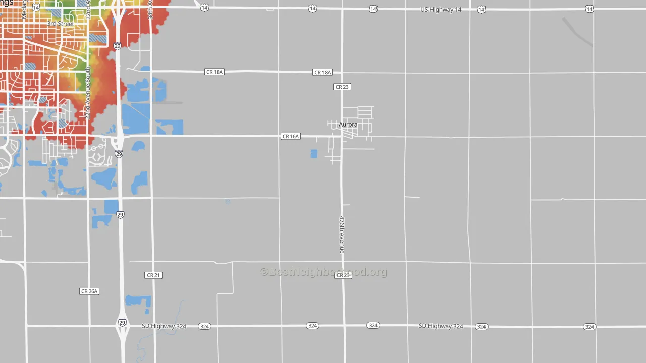 Walk Grade map of Aurora, SD, walkable areas in green and car-dependent areas in red