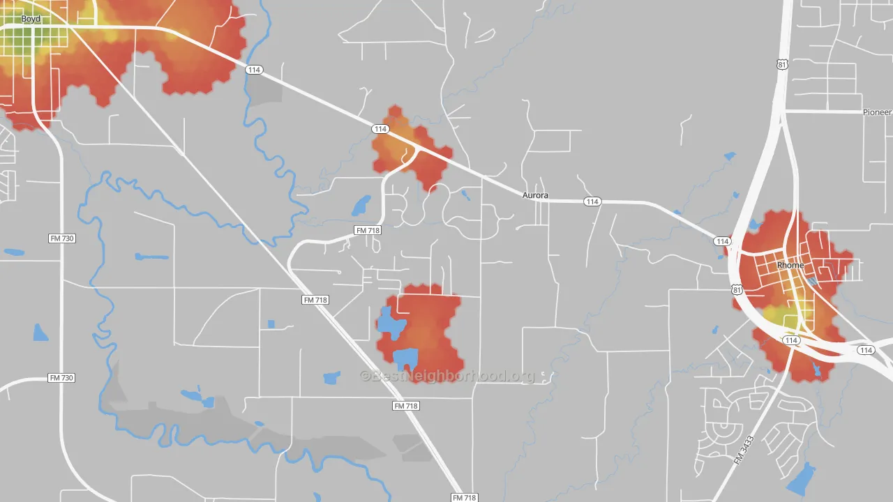 Walk Grade map of Aurora, TX, walkable areas in green and car-dependent areas in red