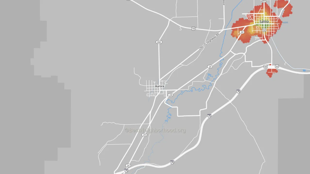Walk Grade map of Aurora, UT, walkable areas in green and car-dependent areas in red