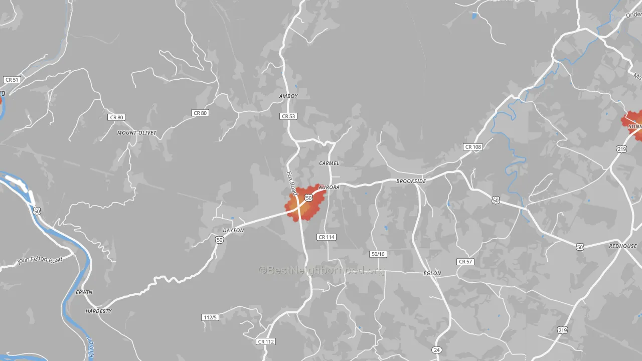 Walk Grade map of Aurora, WV, walkable areas in green and car-dependent areas in red