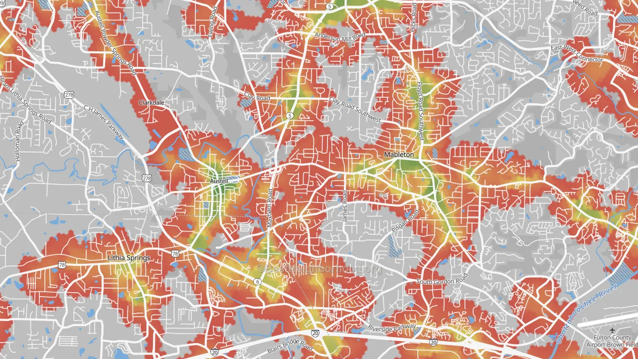 Walk Grade map of Austell, GA, walkable areas in green and car-dependent areas in red