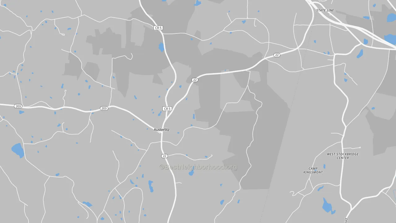 Walk Grade map of Austerlitz, NY, walkable areas in green and car-dependent areas in red