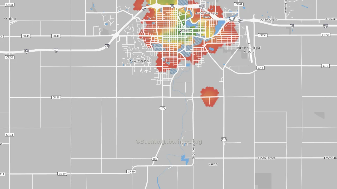 Walk Grade map of Austin Acres, MN, walkable areas in green and car-dependent areas in red