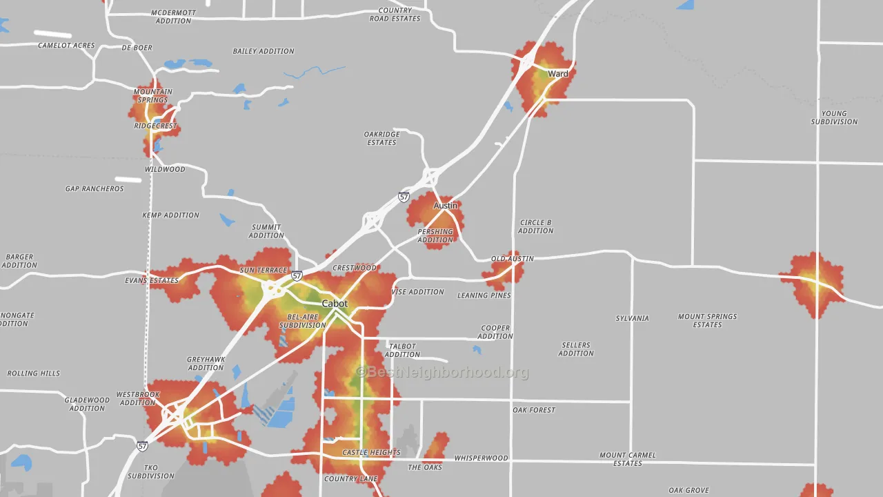 Walk Grade map of Austin, AR, walkable areas in green and car-dependent areas in red