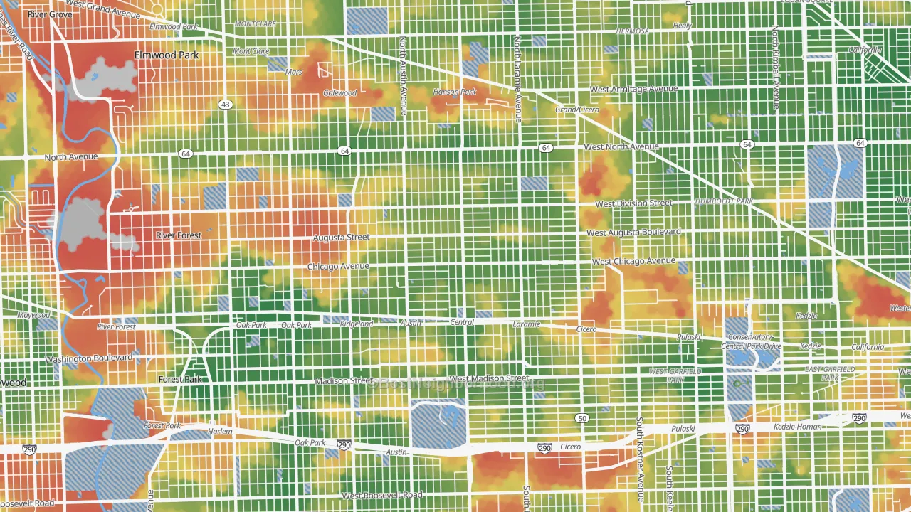 Walk Grade map of Austin, Chicago, IL, walkable areas in green and car-dependent areas in red