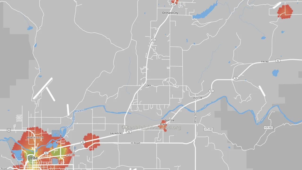 Walk Grade map of Austin, CO, walkable areas in green and car-dependent areas in red