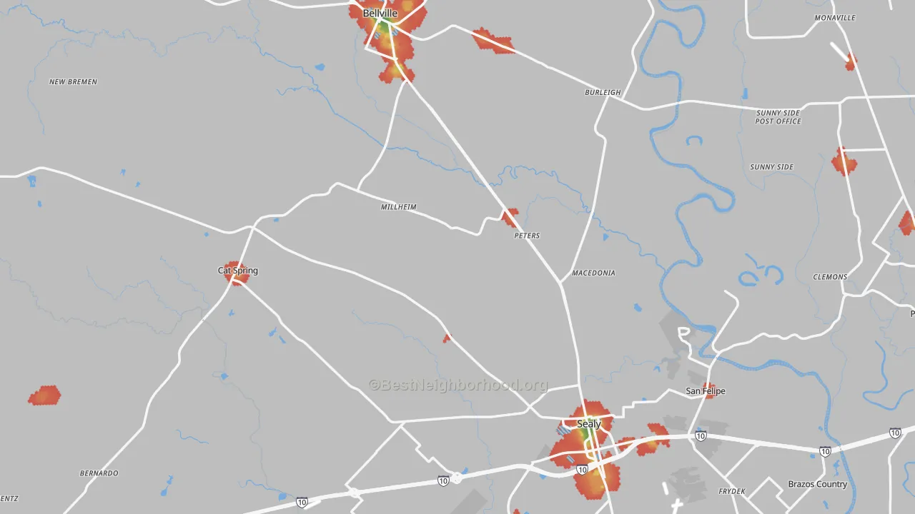 Walk Grade map of Austin County, TX, walkable areas in green and car-dependent areas in red