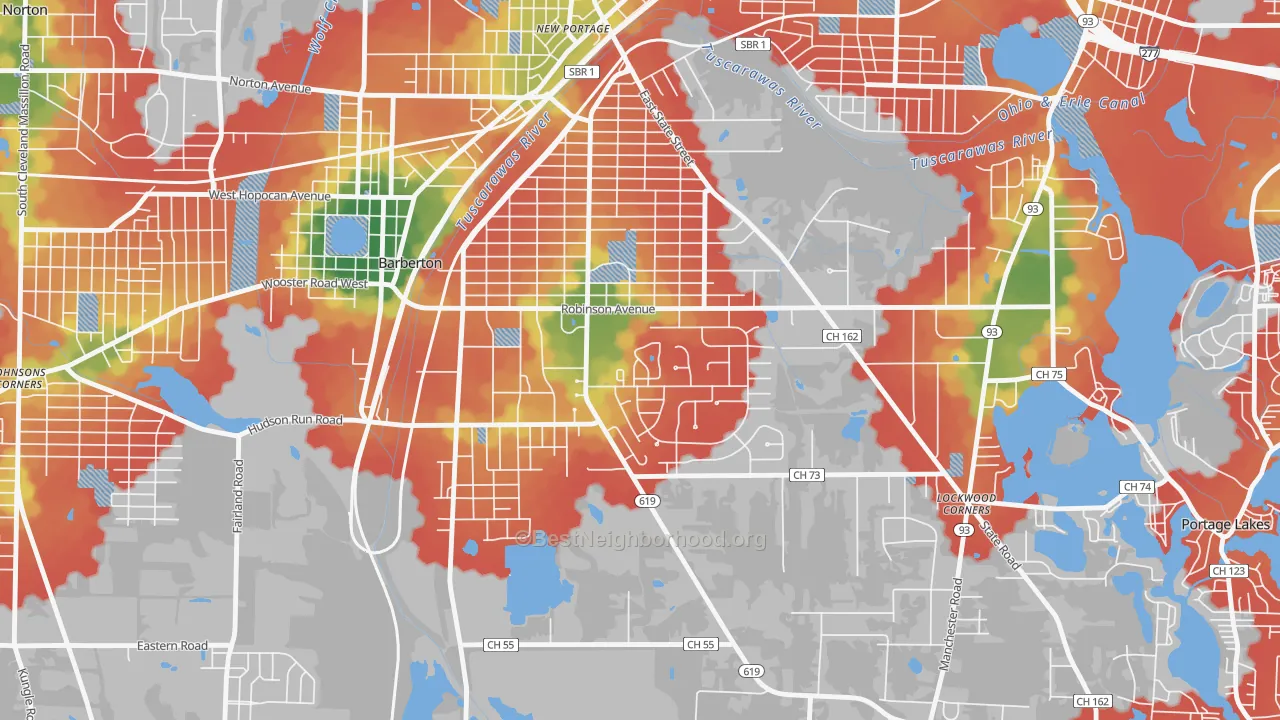 Walk Grade map of Austin Estates, Barberton, OH, walkable areas in green and car-dependent areas in red