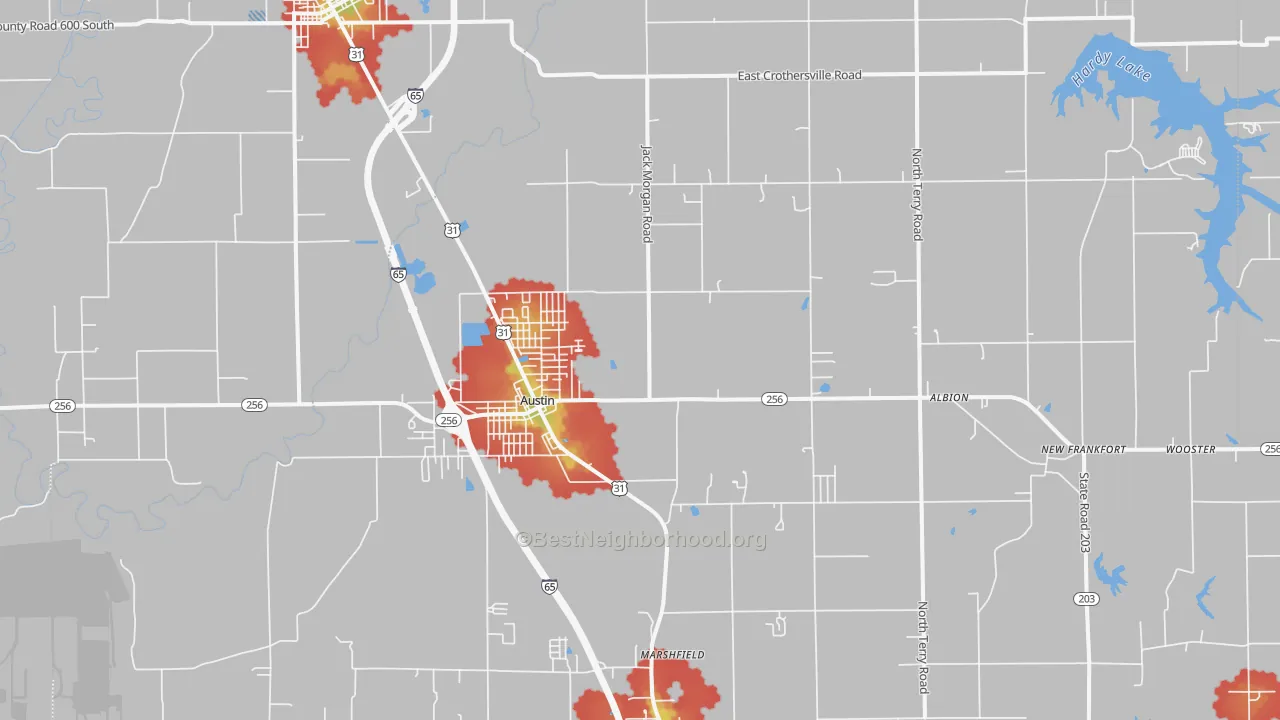 Walk Grade map of Austin, IN, walkable areas in green and car-dependent areas in red