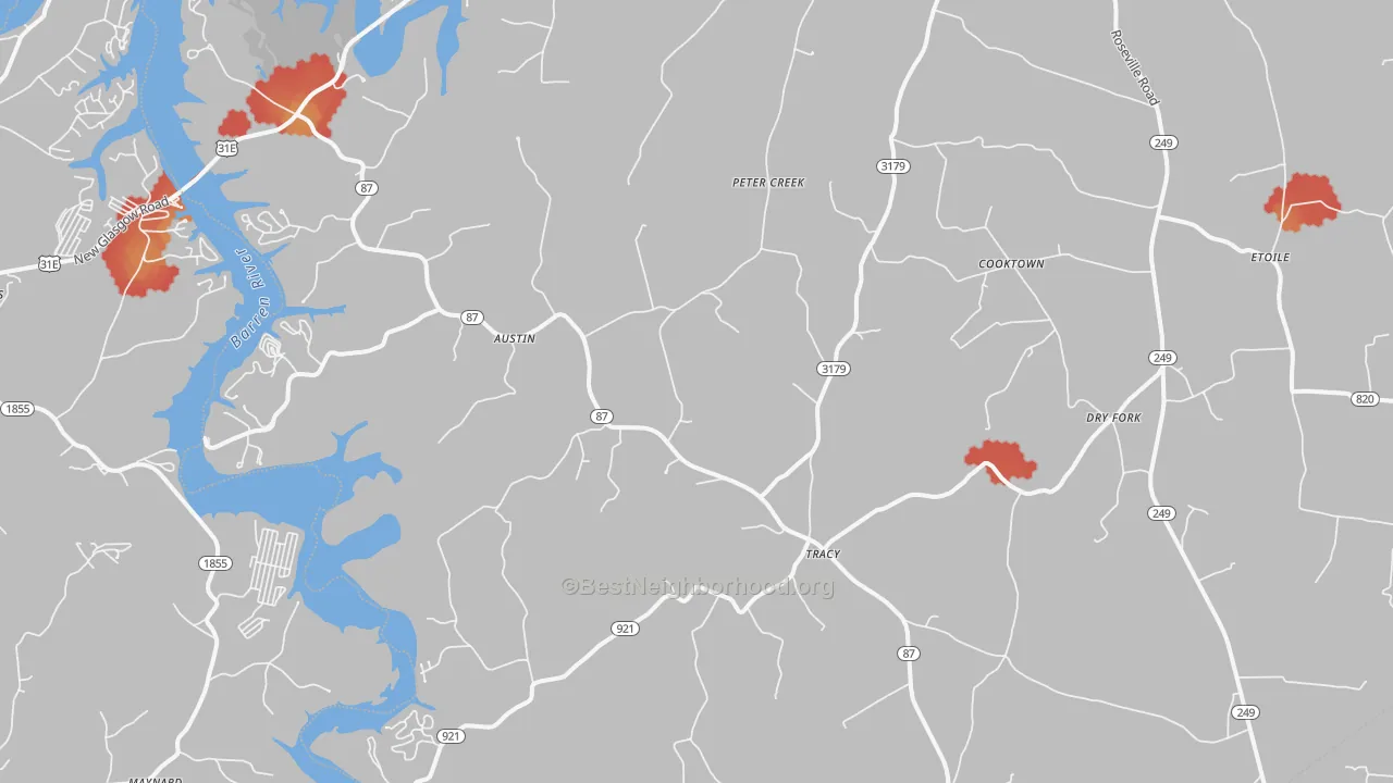 Walk Grade map of Austin, KY, walkable areas in green and car-dependent areas in red