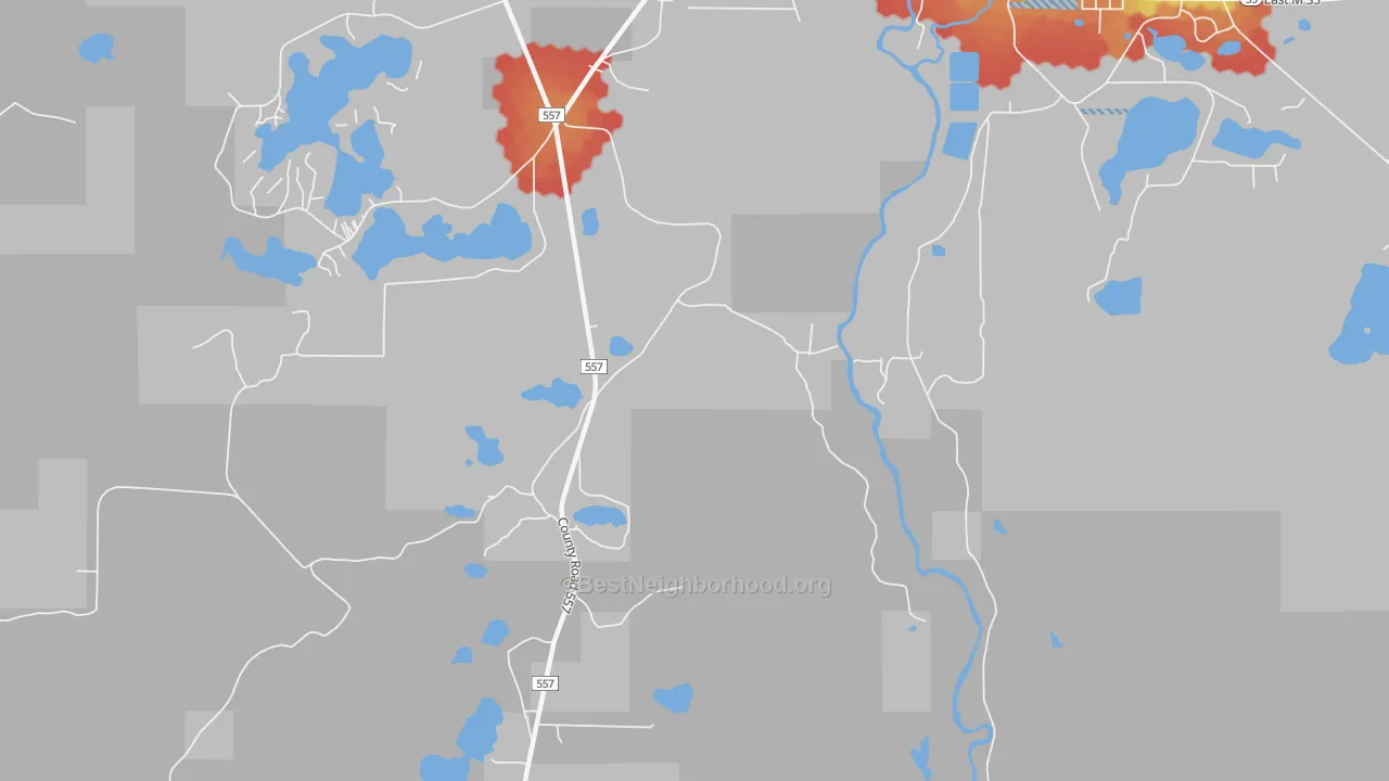 Walk Grade map of Austin, MI, walkable areas in green and car-dependent areas in red