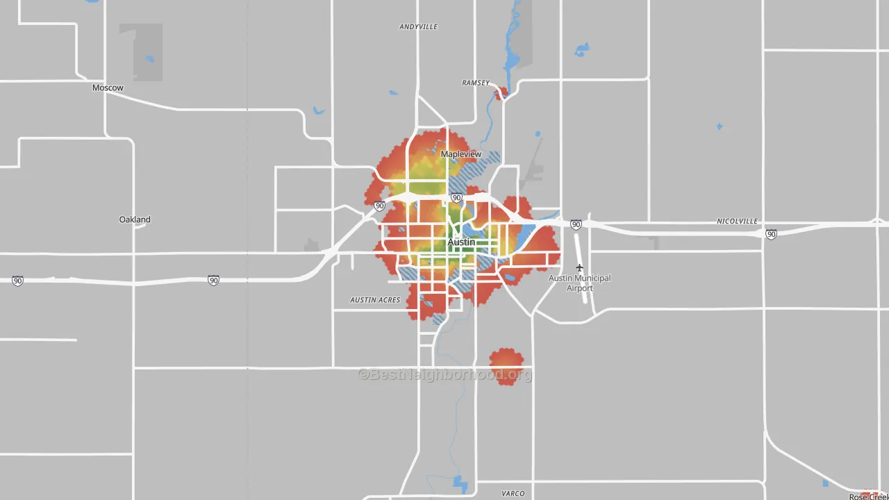 Walk Grade map of Austin, MN, walkable areas in green and car-dependent areas in red