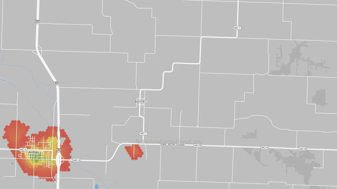 Walk Grade map of Austin, MO, walkable areas in green and car-dependent areas in red