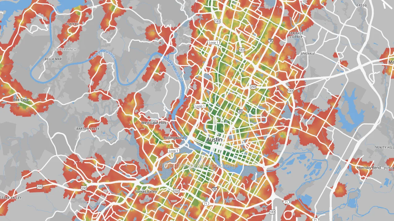 Walk Grade map of Austin, TX, walkable areas in green and car-dependent areas in red