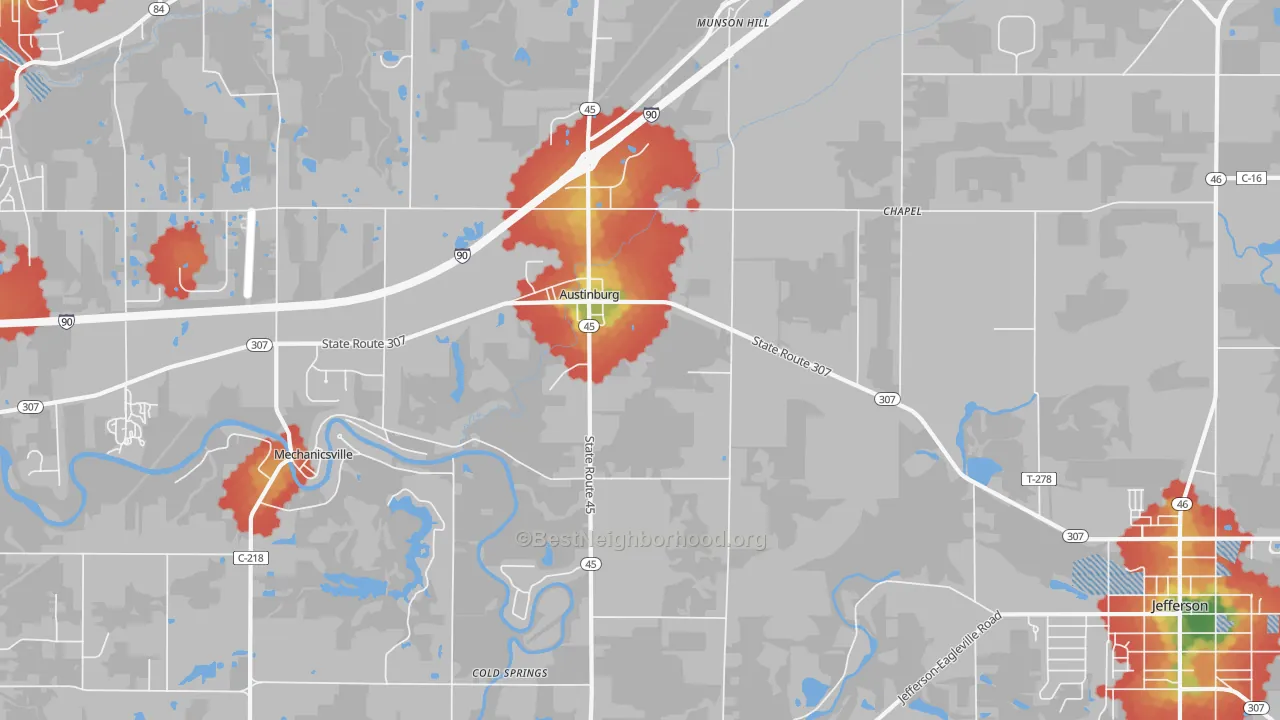 Walk Grade map of Austinburg, OH, walkable areas in green and car-dependent areas in red