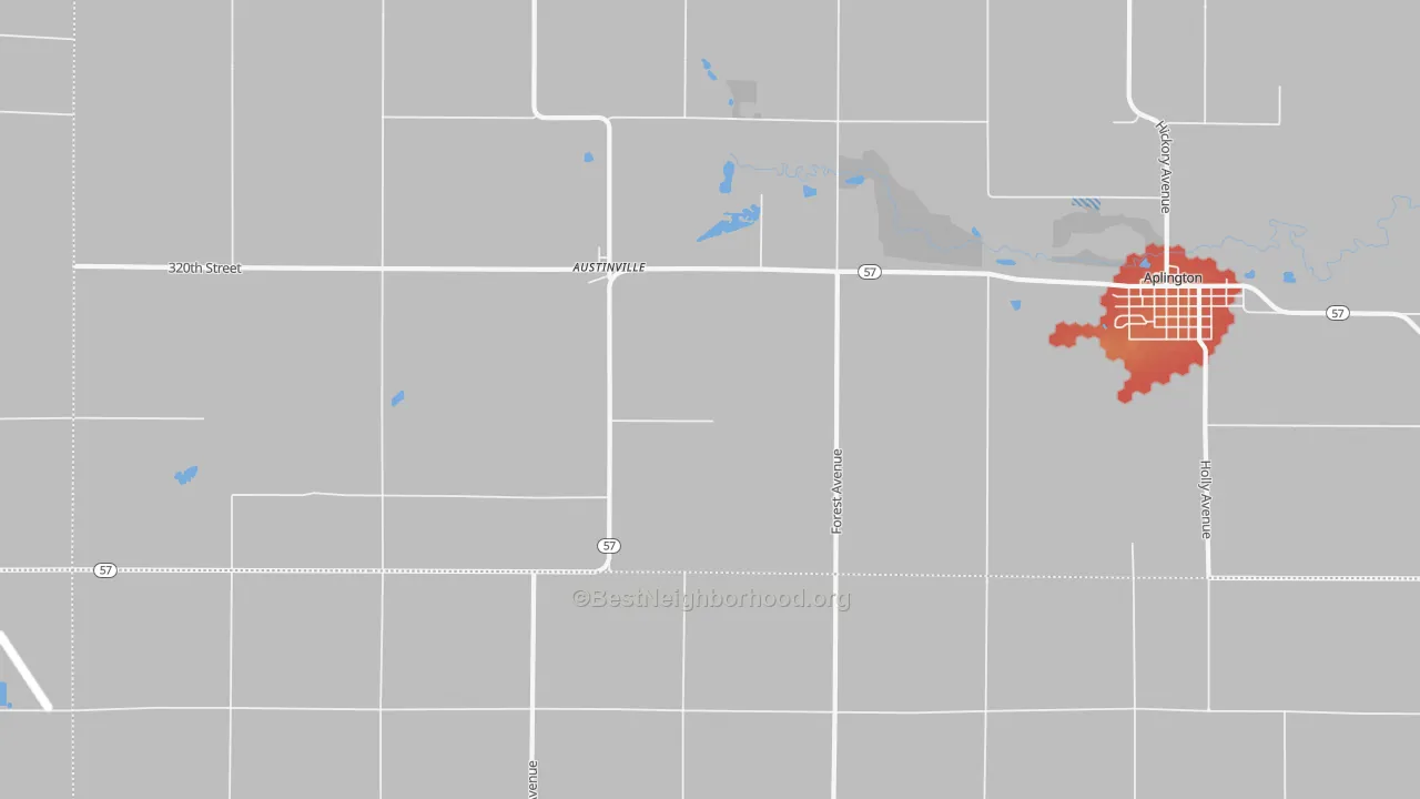 Walk Grade map of Austinville, IA, walkable areas in green and car-dependent areas in red