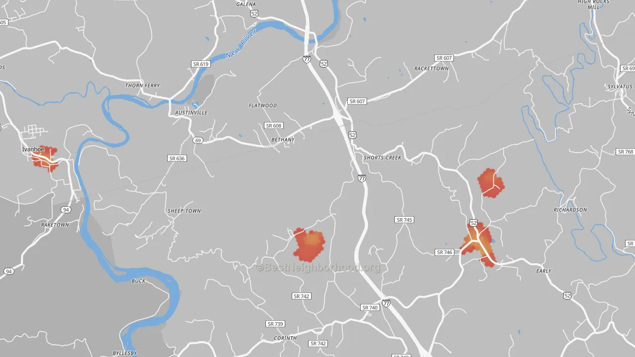Walk Grade map of Austinville, VA, walkable areas in green and car-dependent areas in red