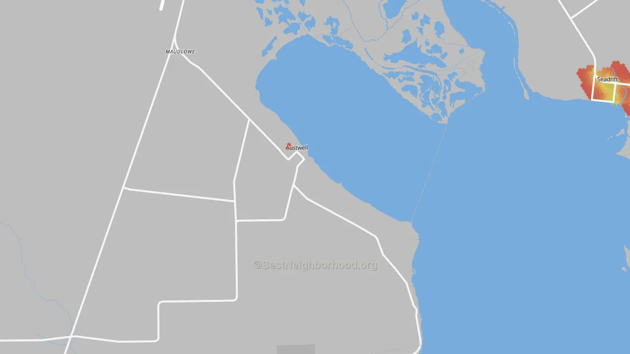 Walk Grade map of Austwell, TX, walkable areas in green and car-dependent areas in red