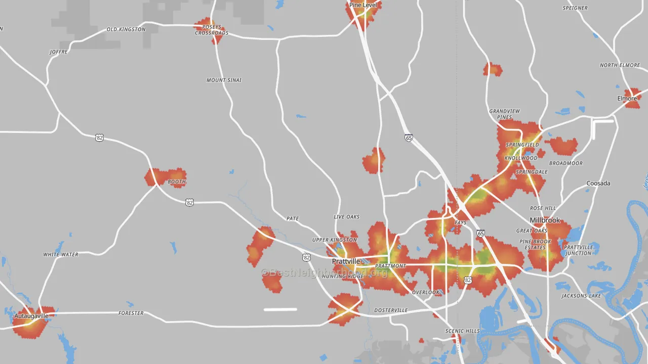 Walk Grade map of Autauga County, AL, walkable areas in green and car-dependent areas in red