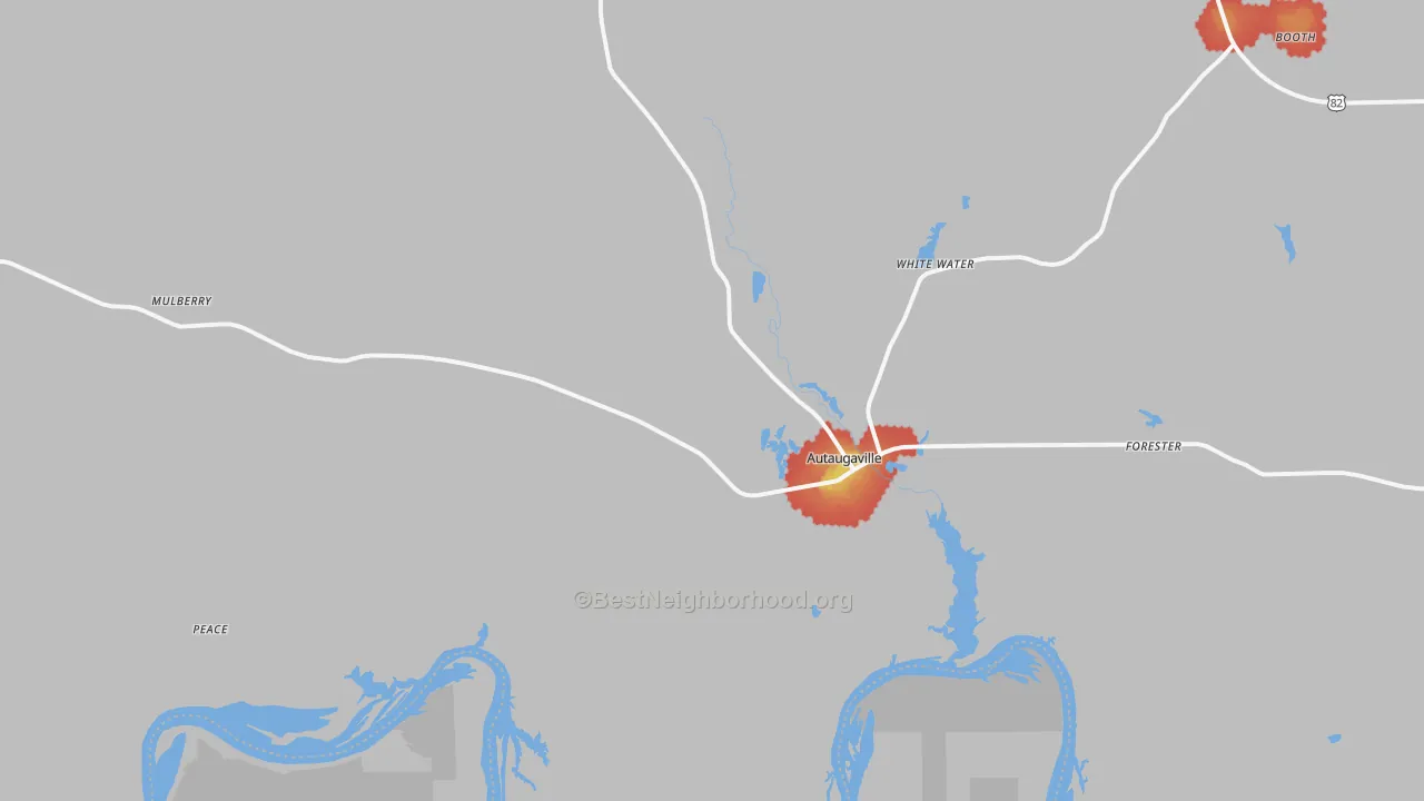 Walk Grade map of Autaugaville, AL, walkable areas in green and car-dependent areas in red