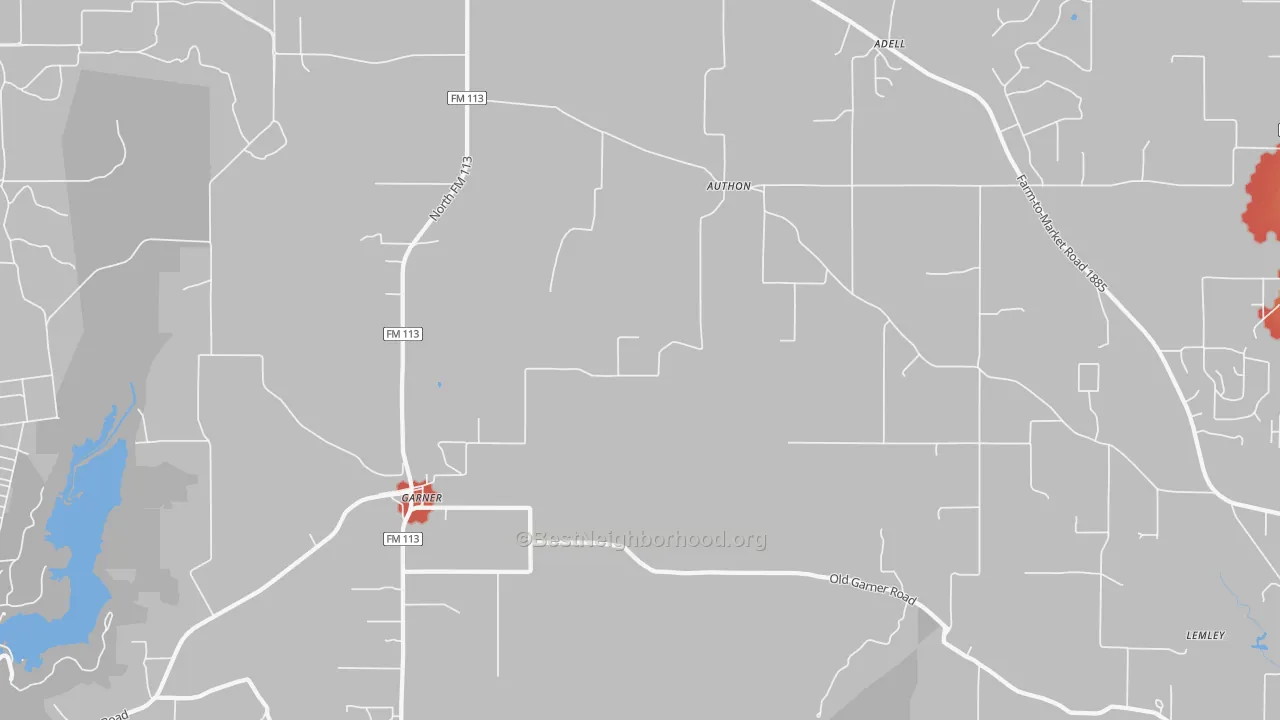 Walk Grade map of Authon, TX, walkable areas in green and car-dependent areas in red
