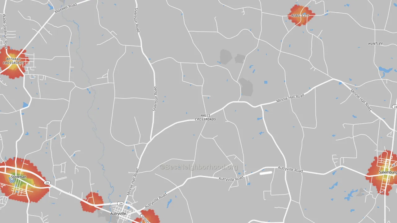 Walk Grade map of Autryville, NC, walkable areas in green and car-dependent areas in red