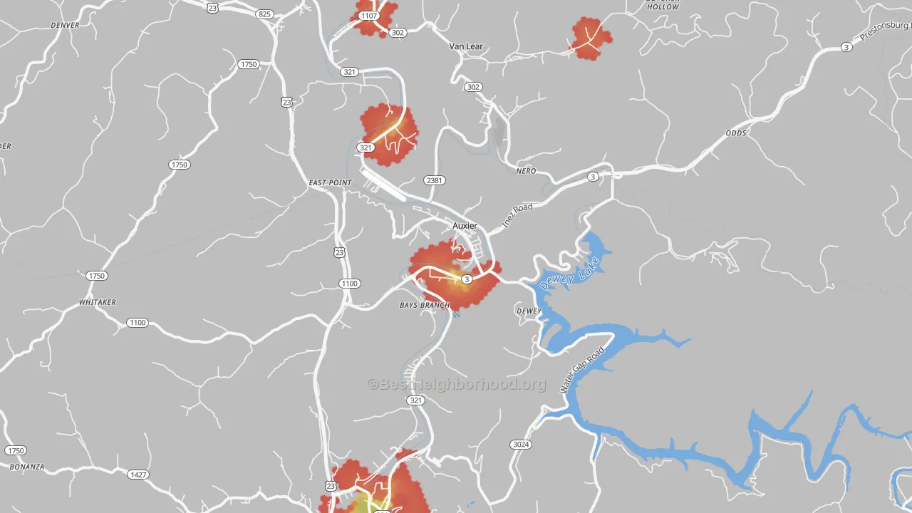 Walk Grade map of Auxier, KY, walkable areas in green and car-dependent areas in red
