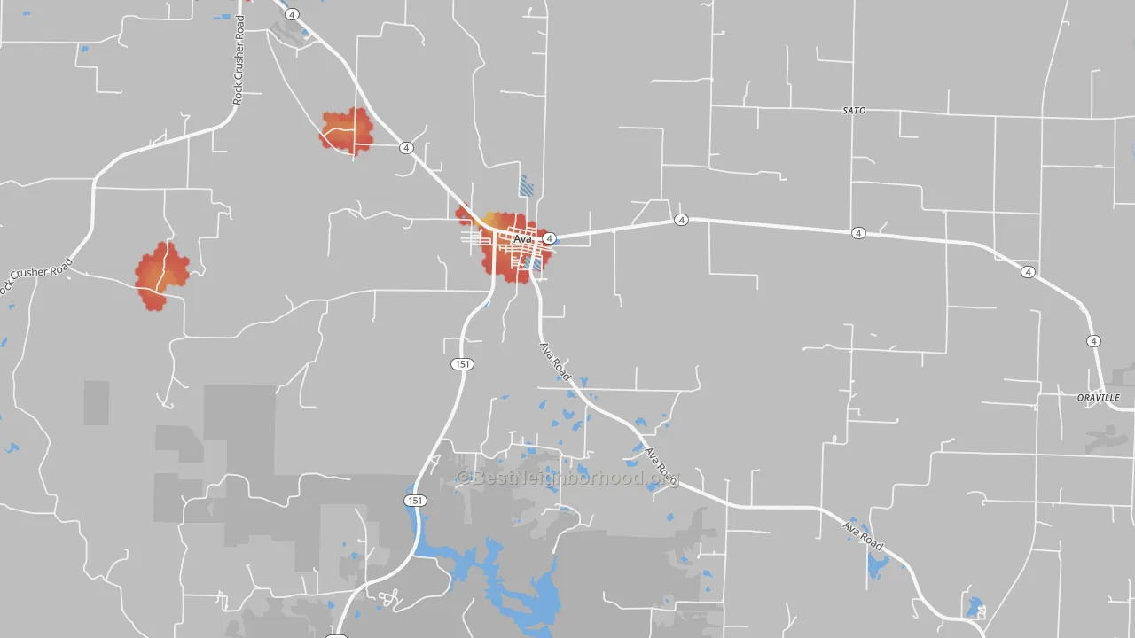 Walk Grade map of Ava, IL, walkable areas in green and car-dependent areas in red