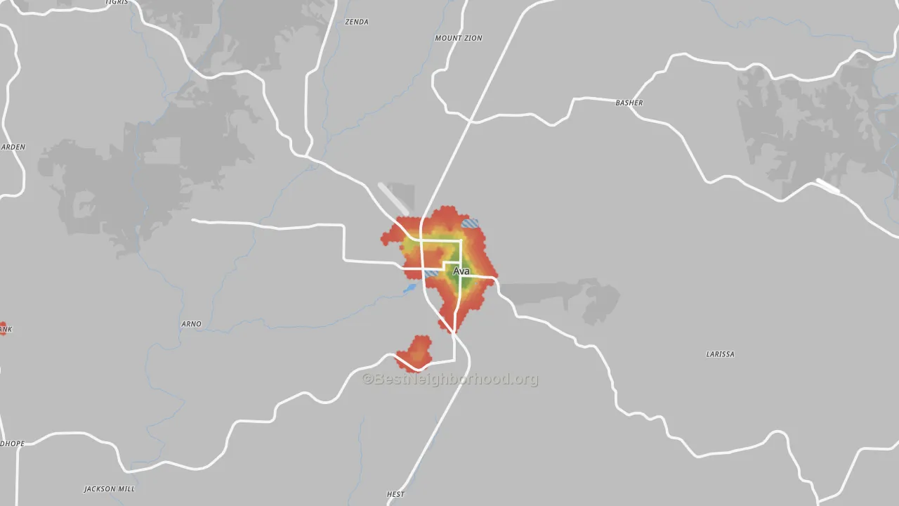 Walk Grade map of Ava, MO, walkable areas in green and car-dependent areas in red