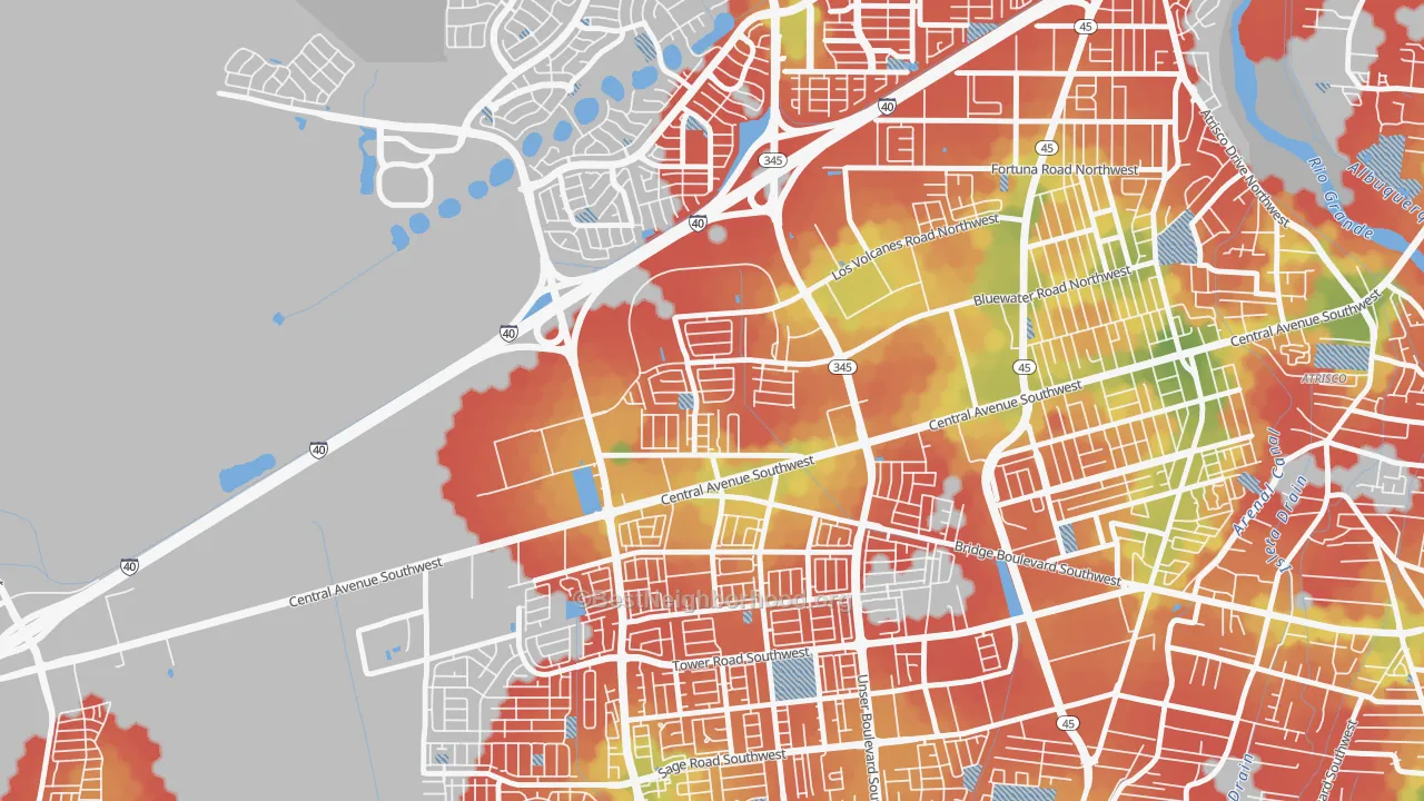 Walk Grade map of Avalon, Albuquerque, NM, walkable areas in green and car-dependent areas in red