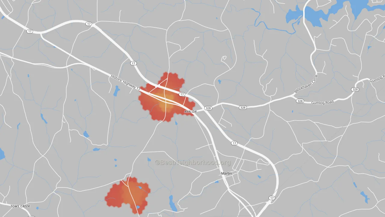 Walk Grade map of Avalon, GA, walkable areas in green and car-dependent areas in red