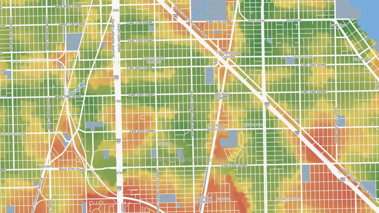 Walk Grade map of Avalon Highlands, Chicago, IL, walkable areas in green and car-dependent areas in red