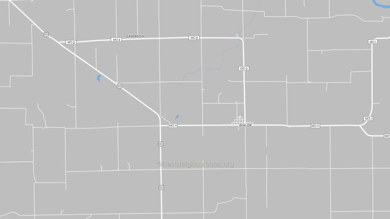 Walk Grade map of Avalon, MO, walkable areas in green and car-dependent areas in red