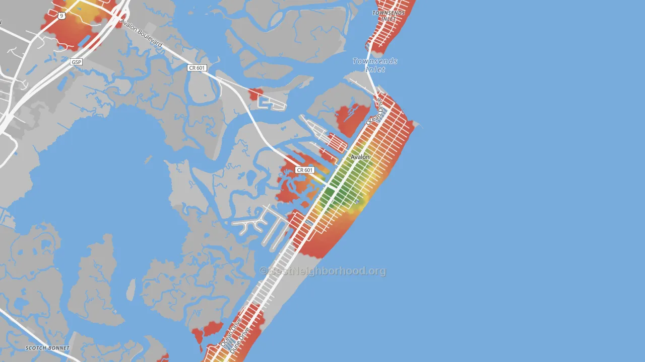 Walk Grade map of Avalon, NJ, walkable areas in green and car-dependent areas in red
