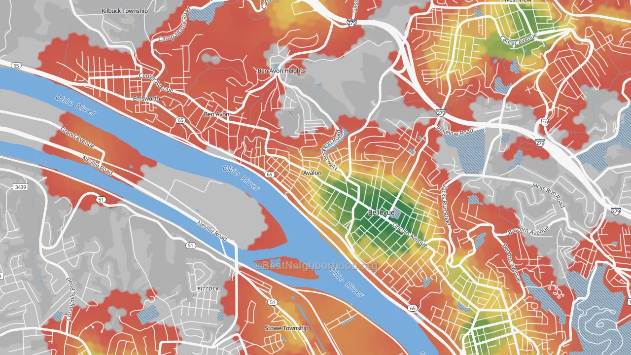 Walk Grade map of Avalon, PA, walkable areas in green and car-dependent areas in red
