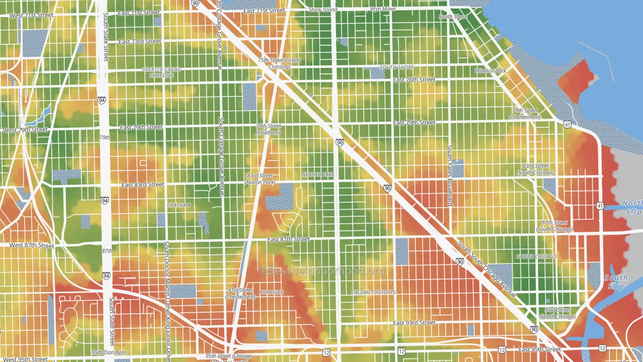 Walk Grade map of Avalon Park, Chicago, IL, walkable areas in green and car-dependent areas in red