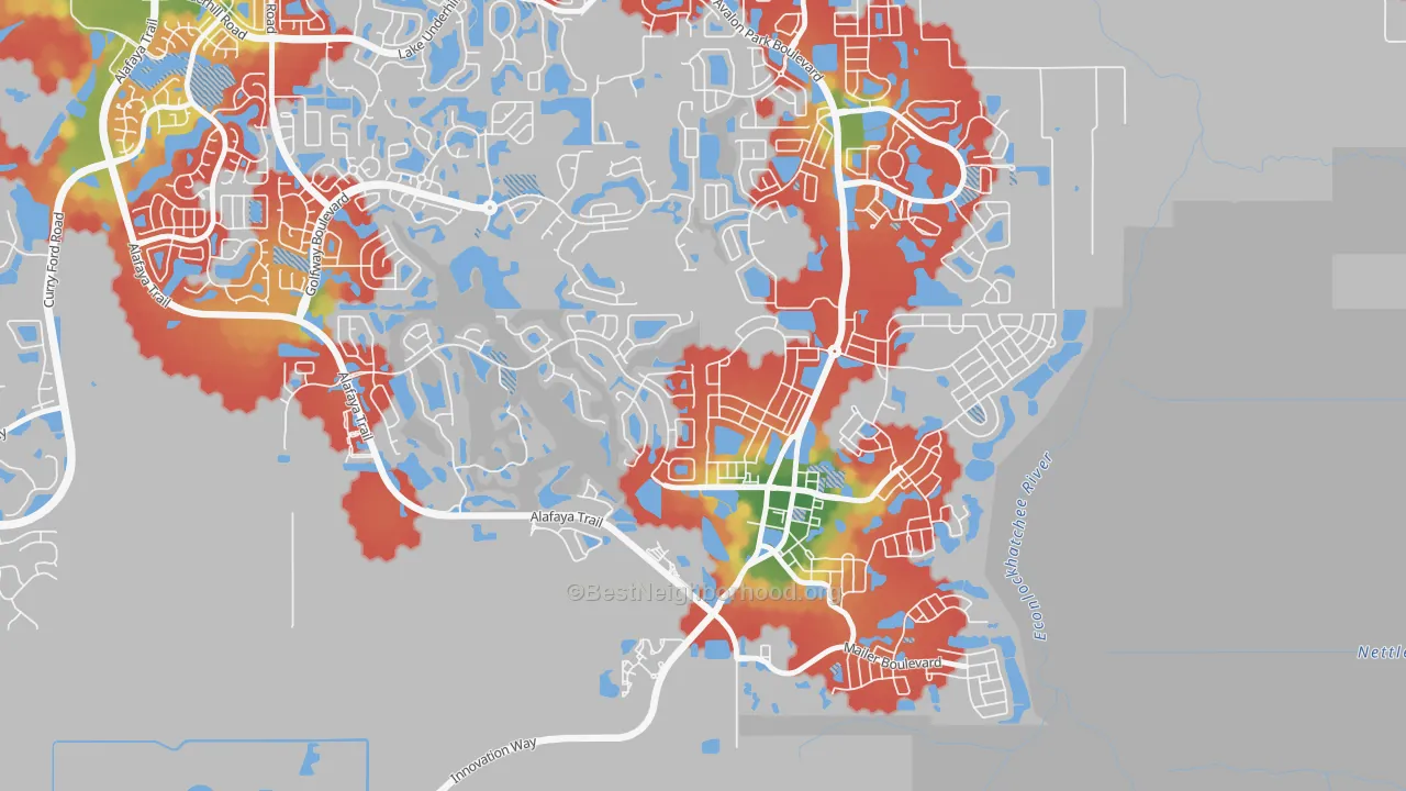 Walk Grade map of Avalon Park Northwest Village, Alafaya, FL, walkable areas in green and car-dependent areas in red