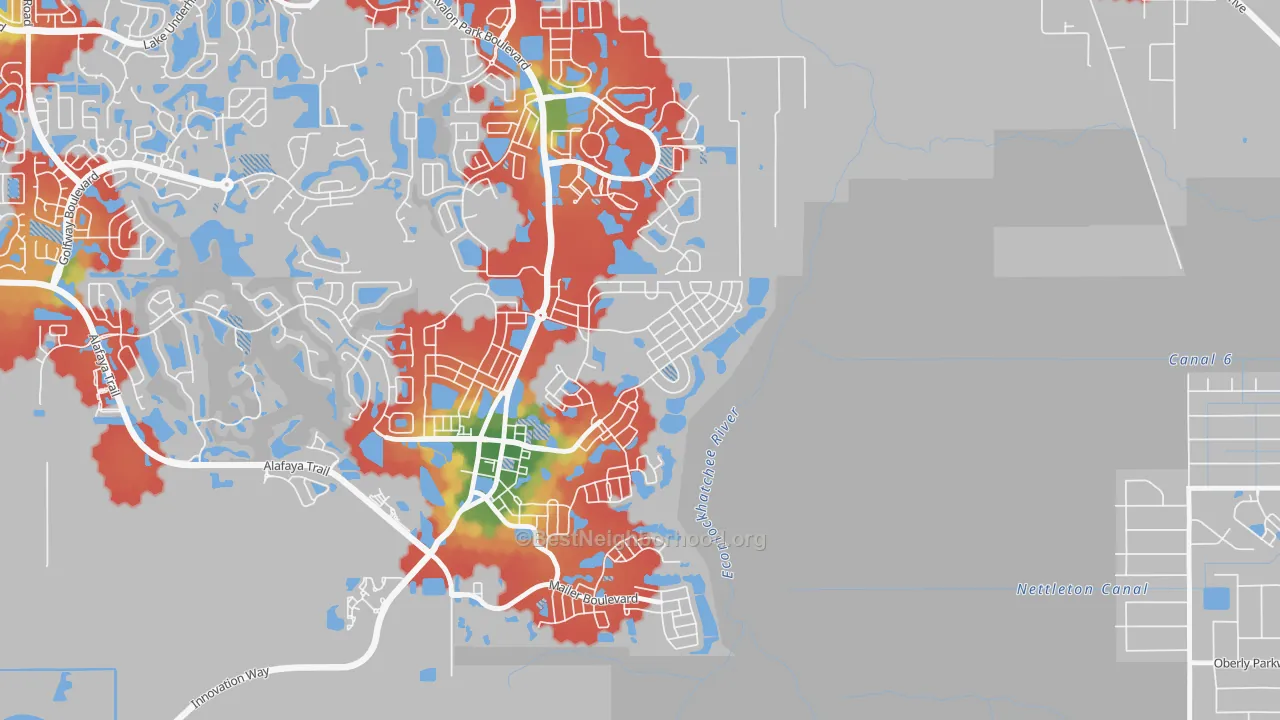 Walk Grade map of Avalon Park Village, Alafaya, FL, walkable areas in green and car-dependent areas in red