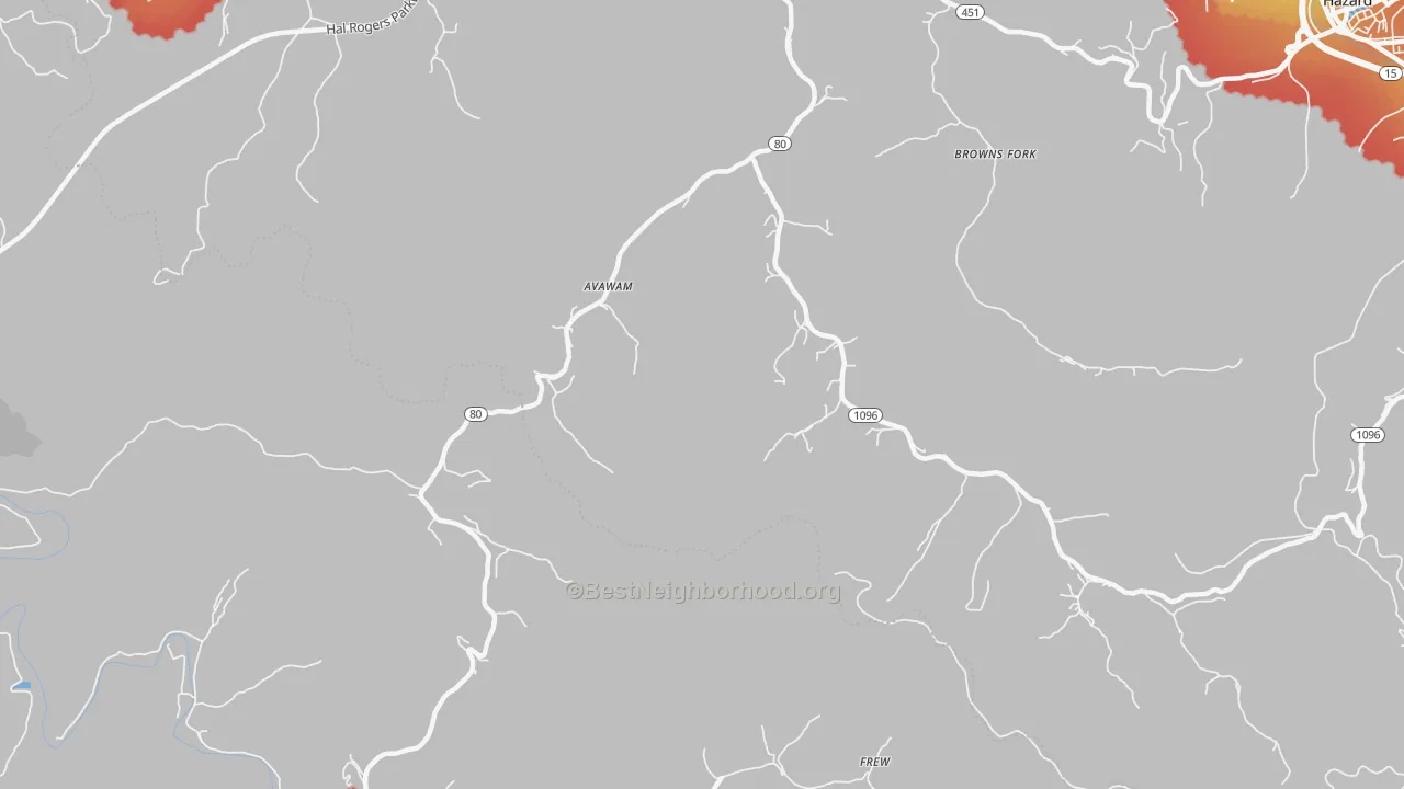 Walk Grade map of Avawam, KY, walkable areas in green and car-dependent areas in red