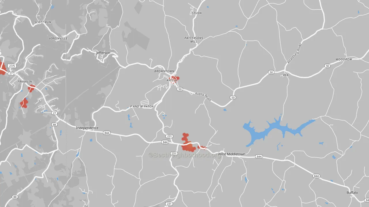 Walk Grade map of Avella, PA, walkable areas in green and car-dependent areas in red