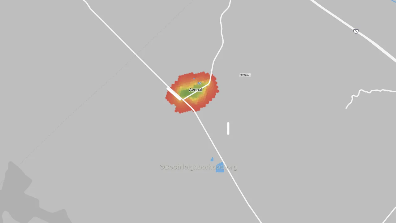 Walk Grade map of Avenal, CA, walkable areas in green and car-dependent areas in red