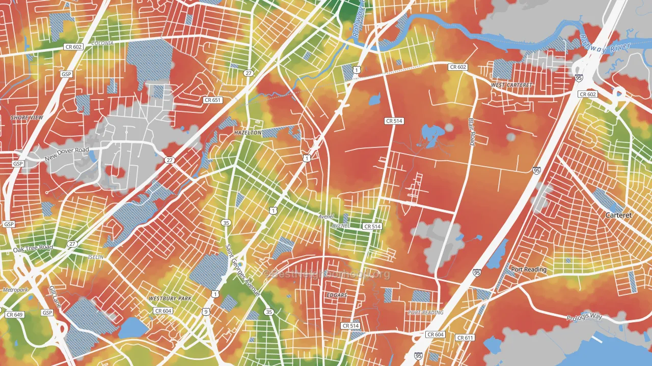 Walk Grade map of Avenel, NJ, walkable areas in green and car-dependent areas in red