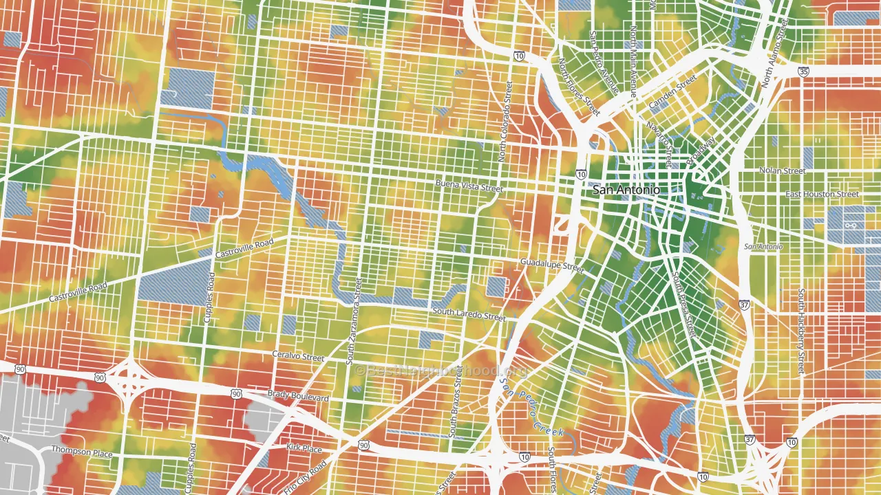 Walk Grade map of Avenida Guadalupe, San Antonio, TX, walkable areas in green and car-dependent areas in red