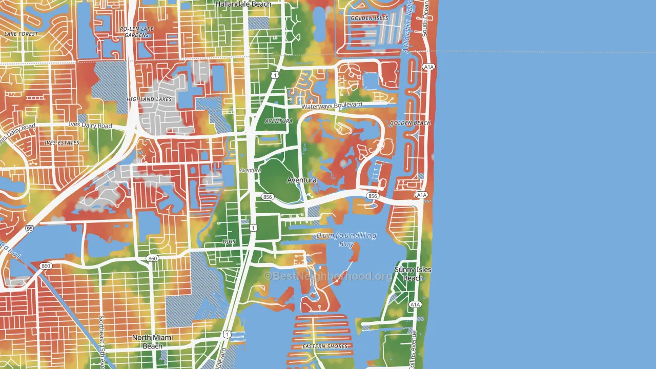 Walk Grade map of Aventura, FL, walkable areas in green and car-dependent areas in red