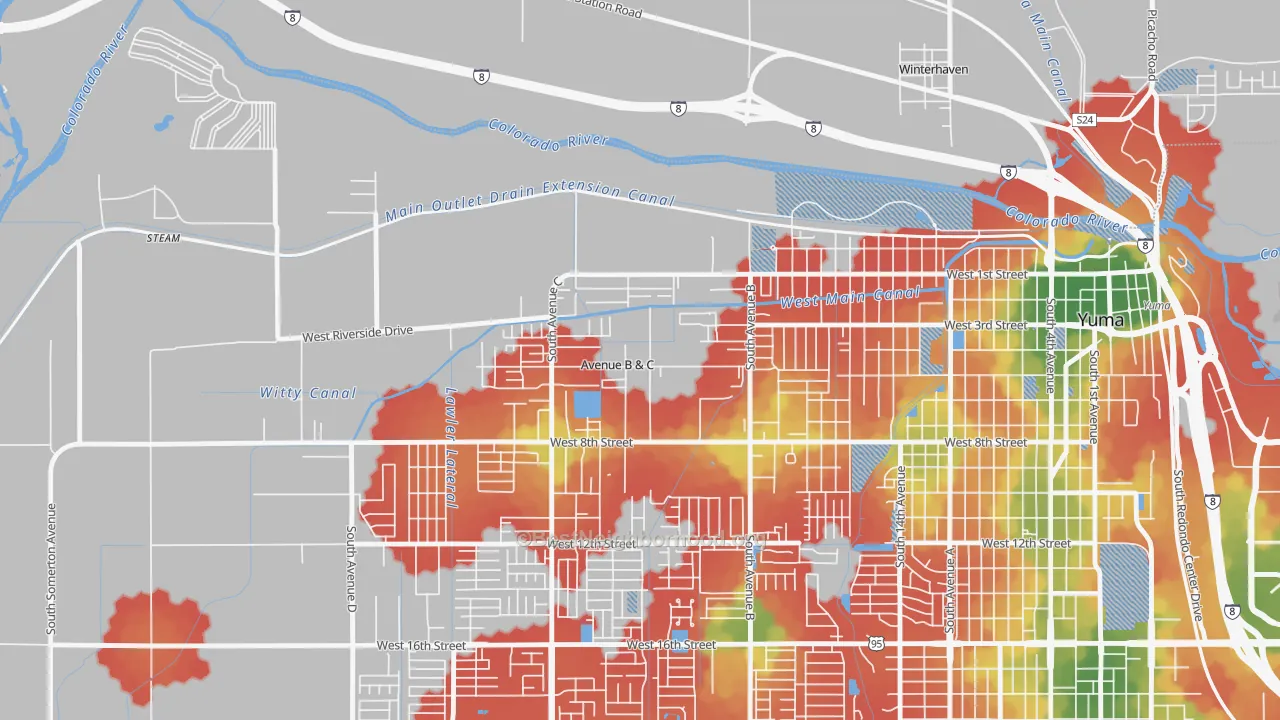 Walk Grade map of Avenue B and C, AZ, walkable areas in green and car-dependent areas in red