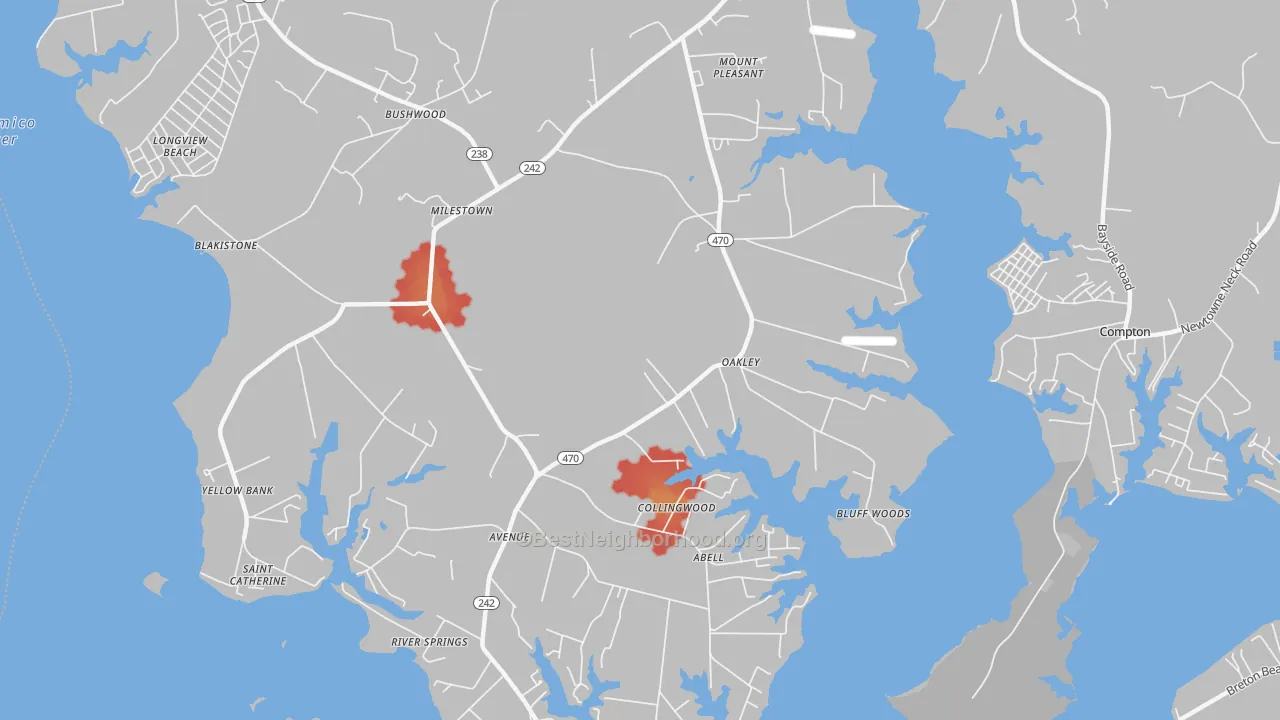Walk Grade map of Avenue, MD, walkable areas in green and car-dependent areas in red