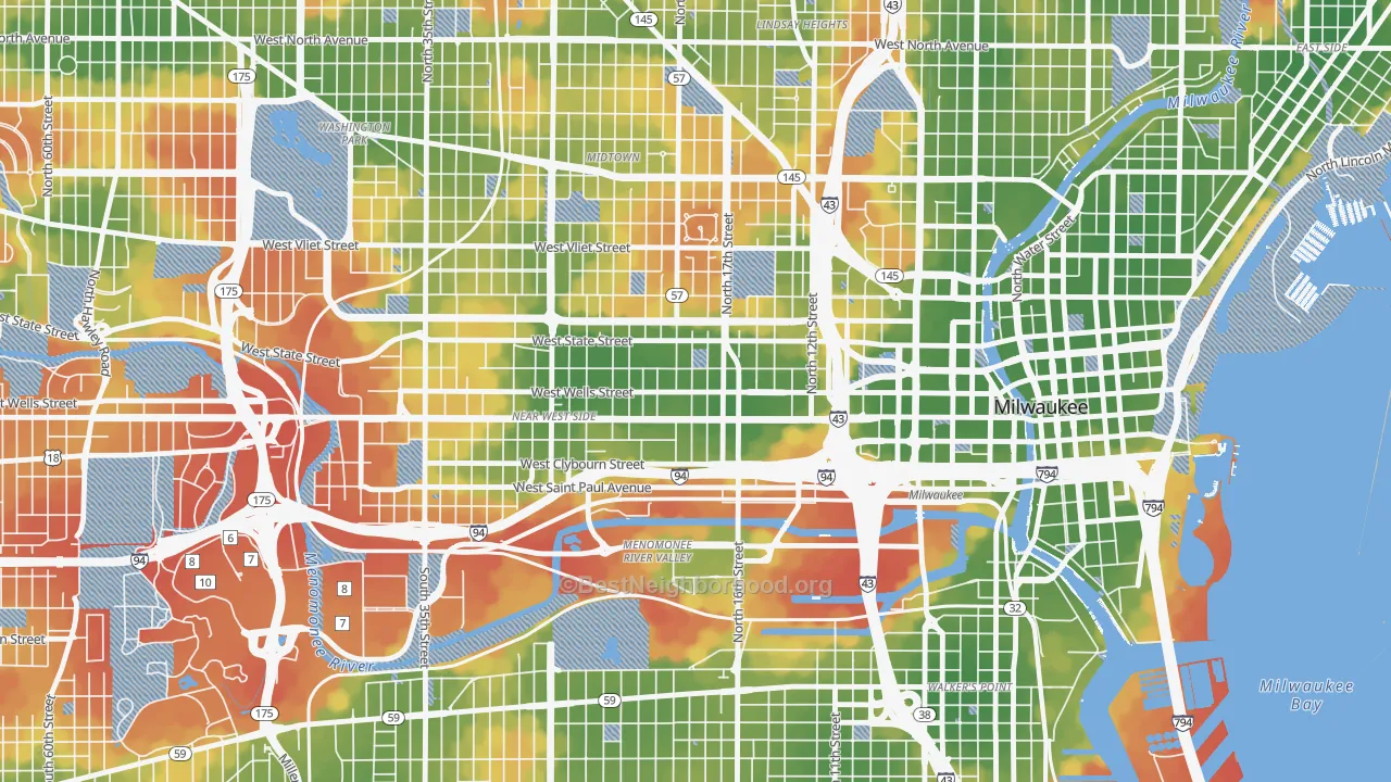 Walk Grade map of Avenues West, Milwaukee, WI, walkable areas in green and car-dependent areas in red