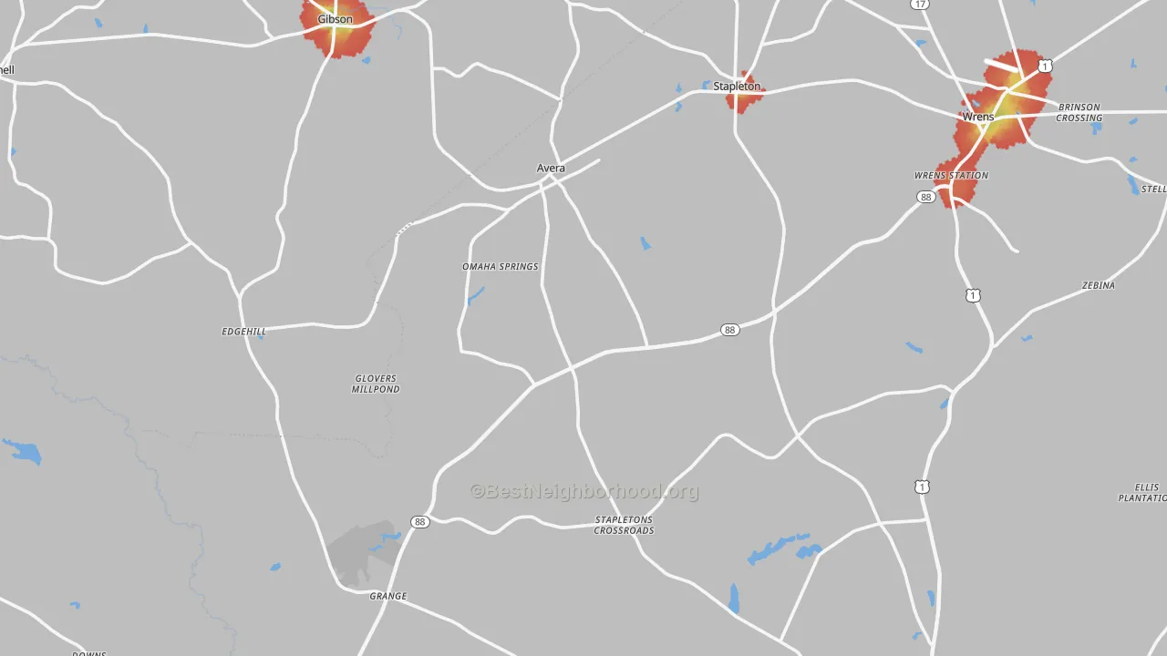 Walk Grade map of Avera, GA, walkable areas in green and car-dependent areas in red
