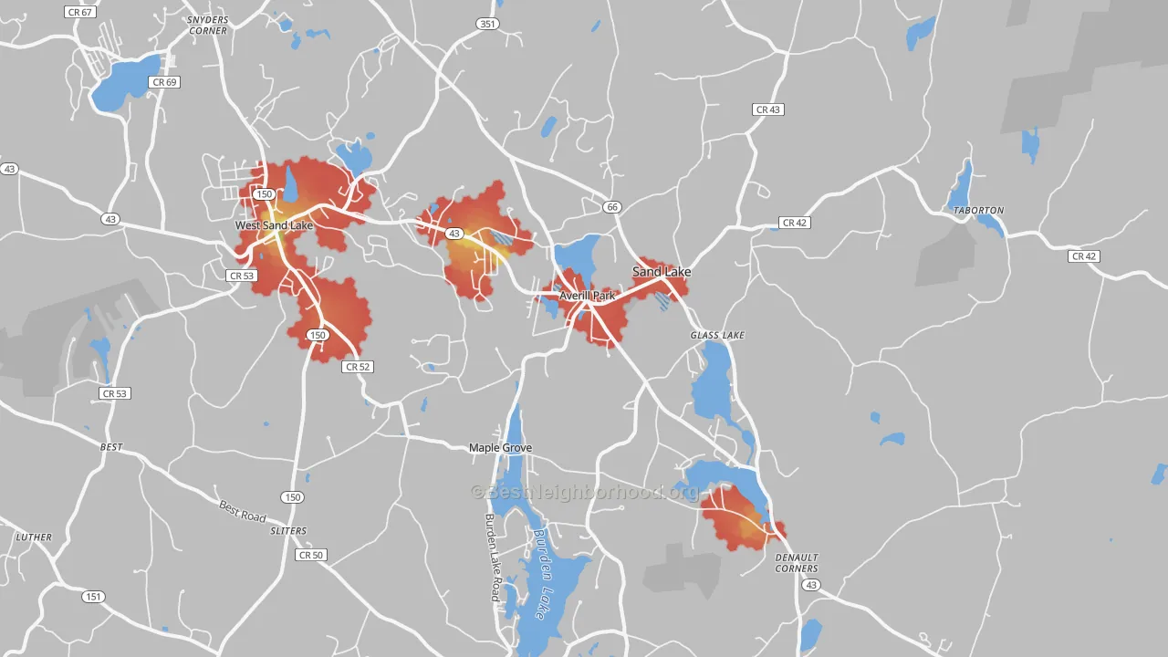 Walk Grade map of Averill Park, NY, walkable areas in green and car-dependent areas in red